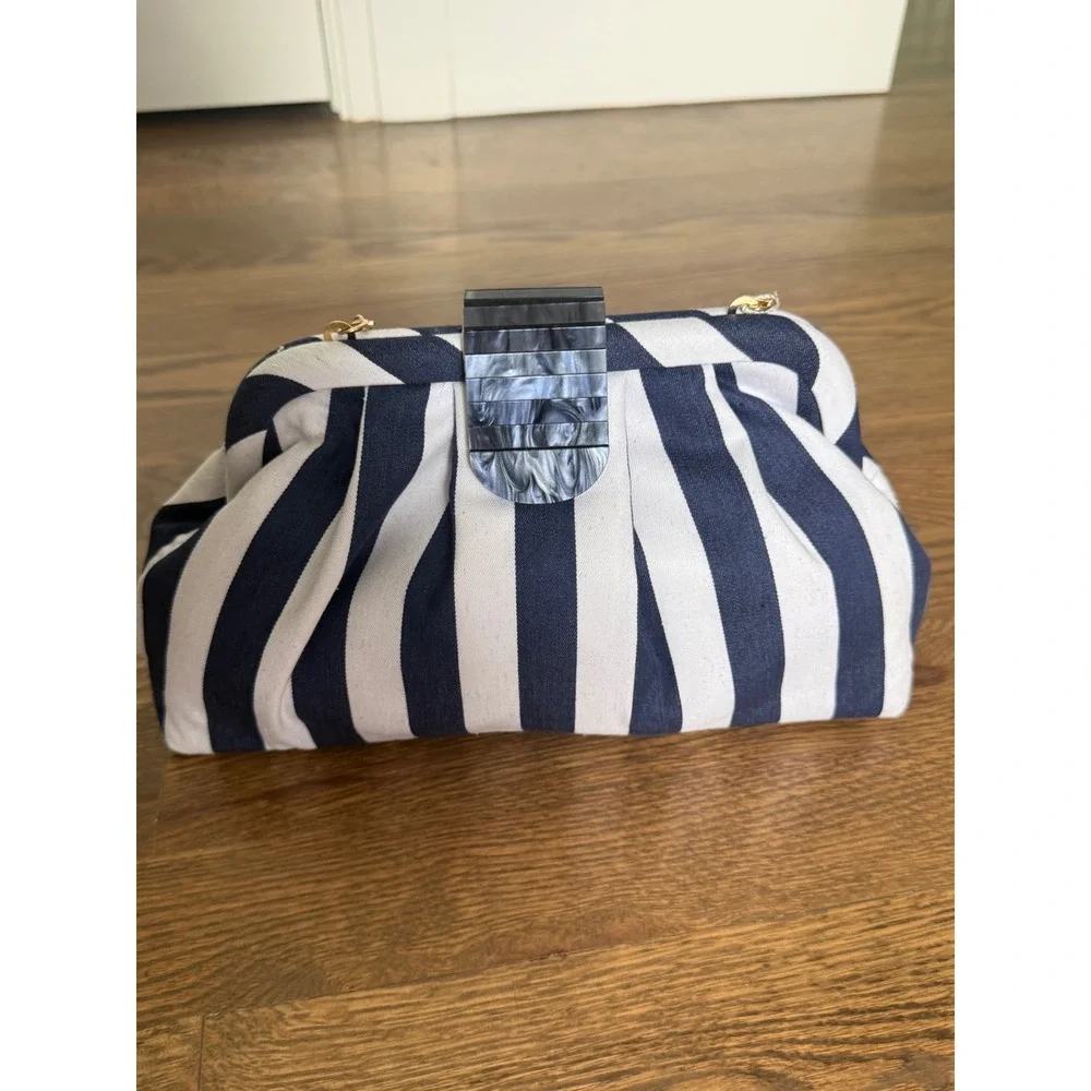 Tommy Bahama Navy Blue White Striped Pleated Clutch Bag Gold Chain Strap - Picture 8 of 9